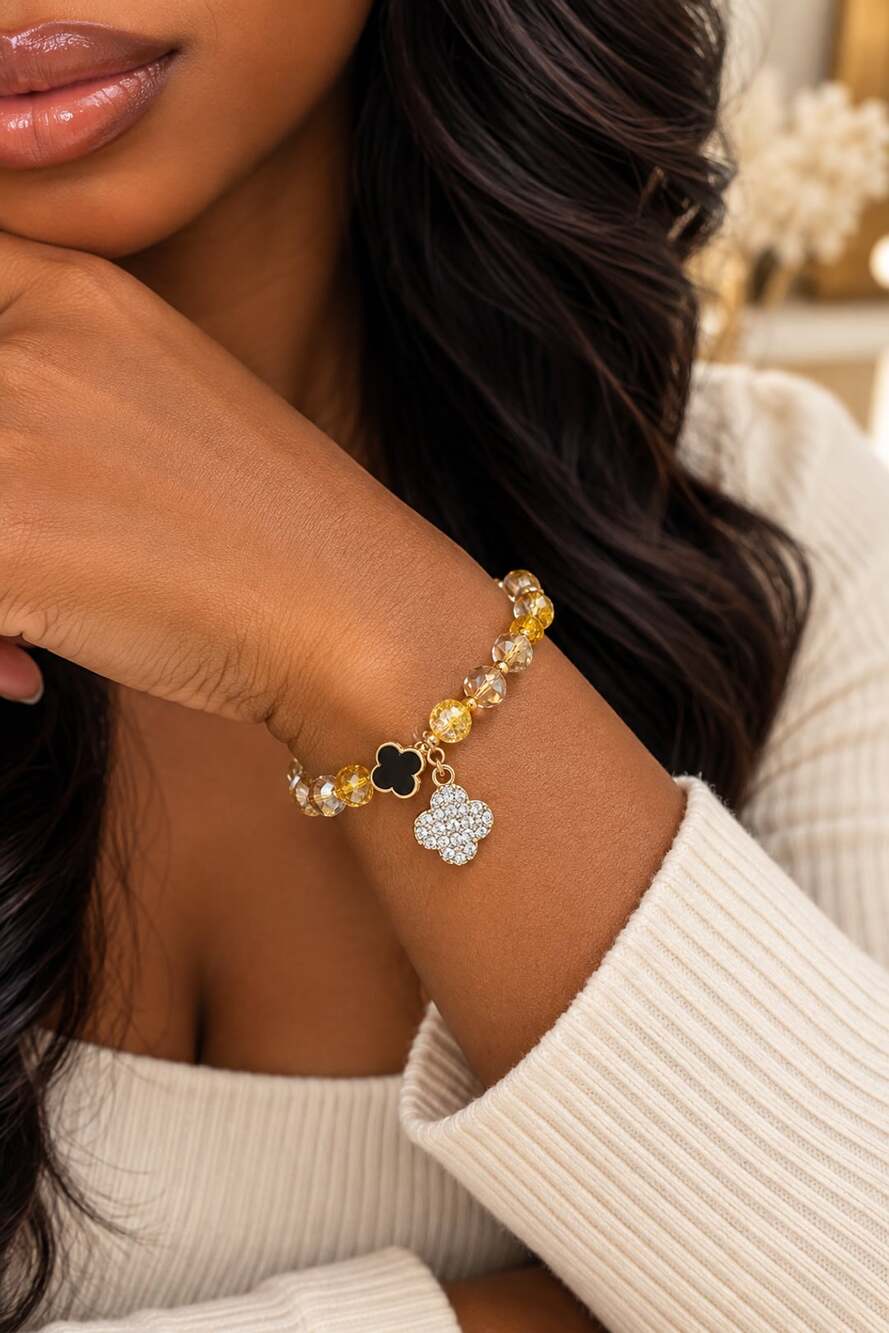 Luxe Glam Clover Charm Bracelet Crystal Beaded Gold Statement Jewelry